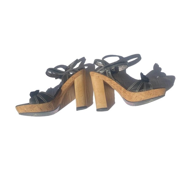 Sean L Faryl Robin Leather Strappy Heels Women’s Size 6 1/2 M Rockstar Cork Wood - Picture 3 of 12
